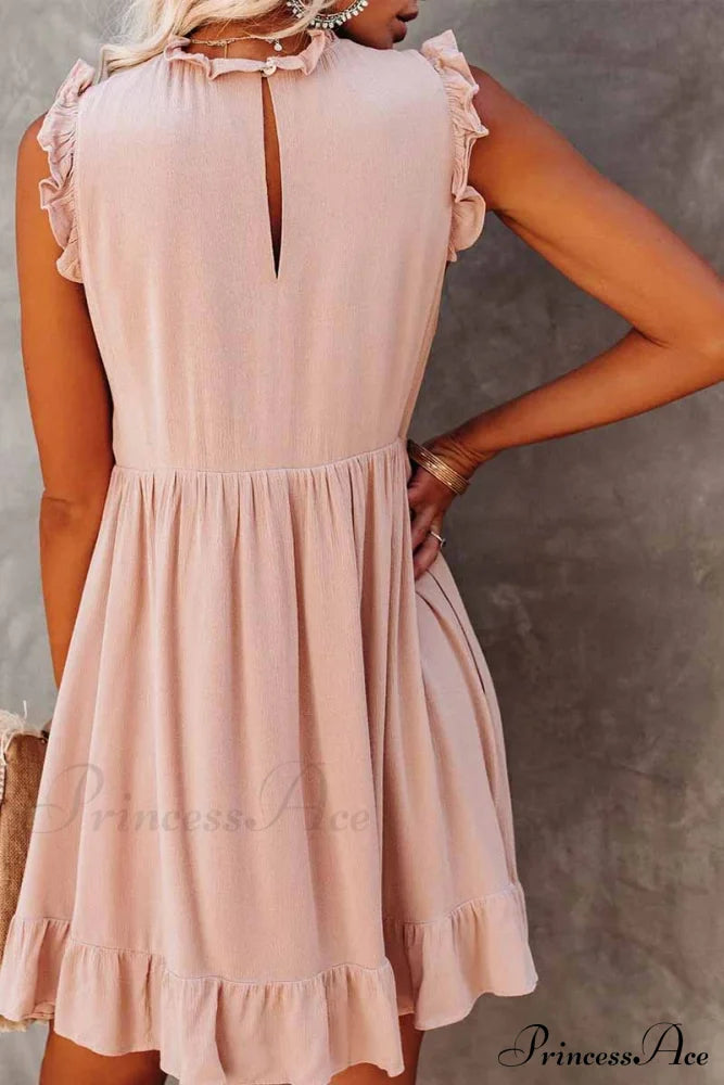 Florcoo Loose Color Modern Short Sleeve V-neck Mini Dress