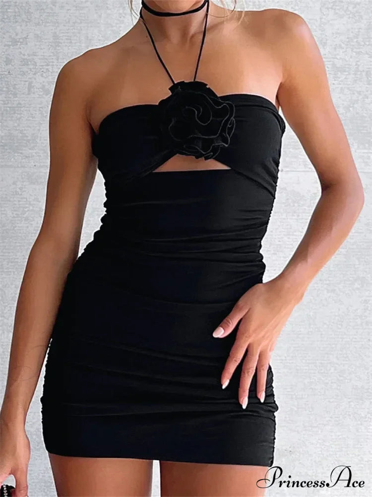 Flower Patchwork Halter Backless Off Shoulder Hollow Mini Dress