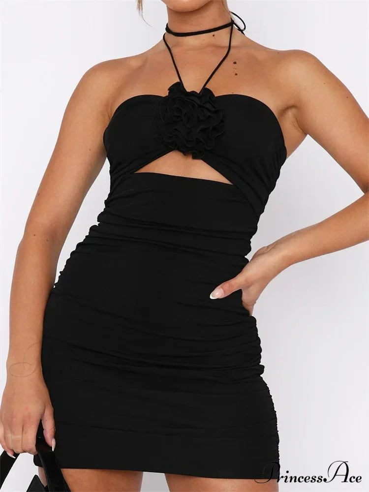 Flower Patchwork Halter Backless Off Shoulder Hollow Mini Dress