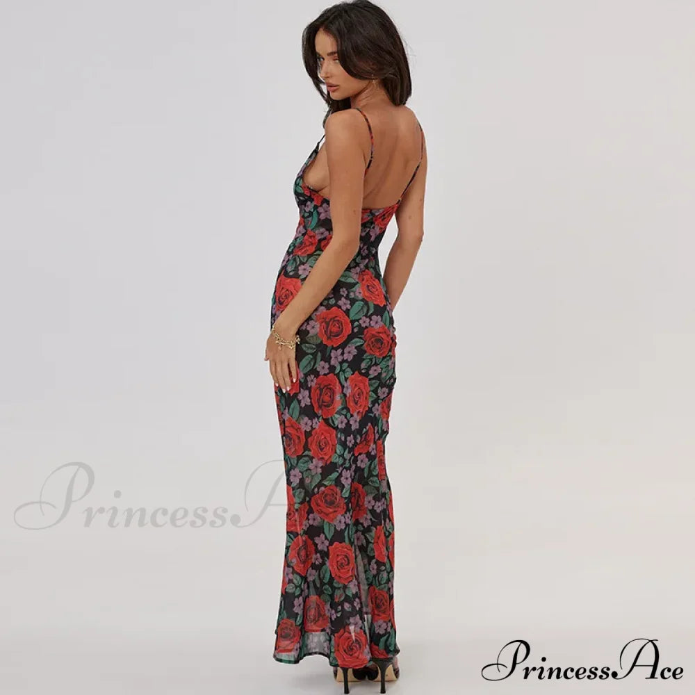 Flower Print Mesh Charming Slip Maxi Dress