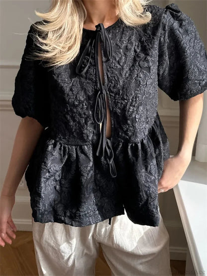 Flower Ruched Front Tie-up Blouse