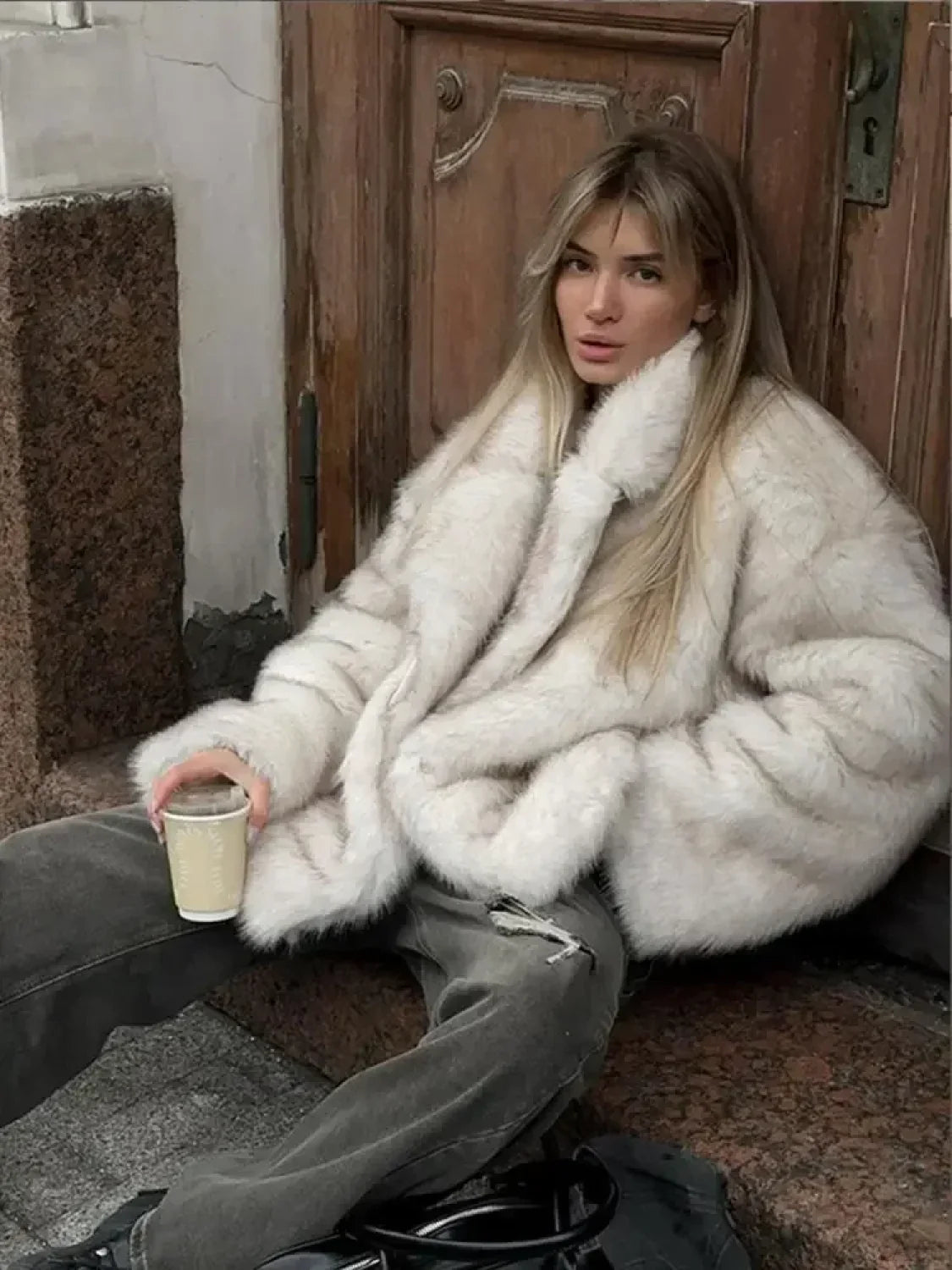 Fluffy Faux Fur Lapel Short Overcoat