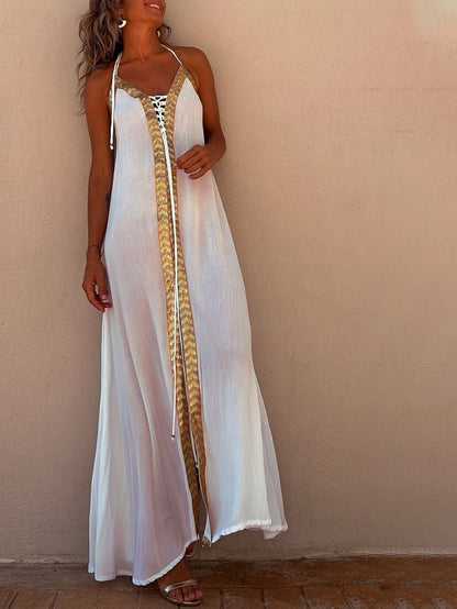 Paneled Sleeveless Lace-up Holiday Maxi Dress