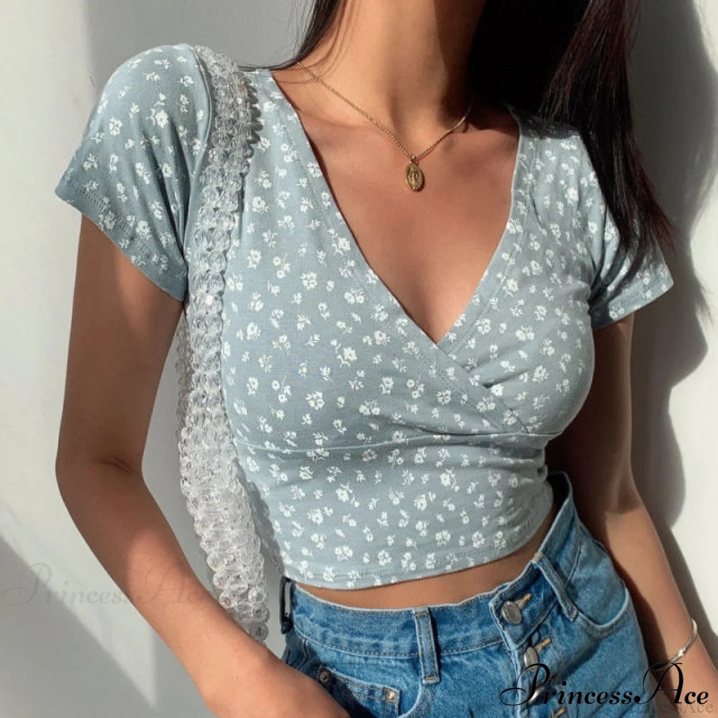 French Retro V-neck Short-sleeved T-shirt
