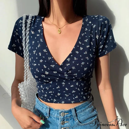 French Retro V-neck Slim T-shirt Crop Top