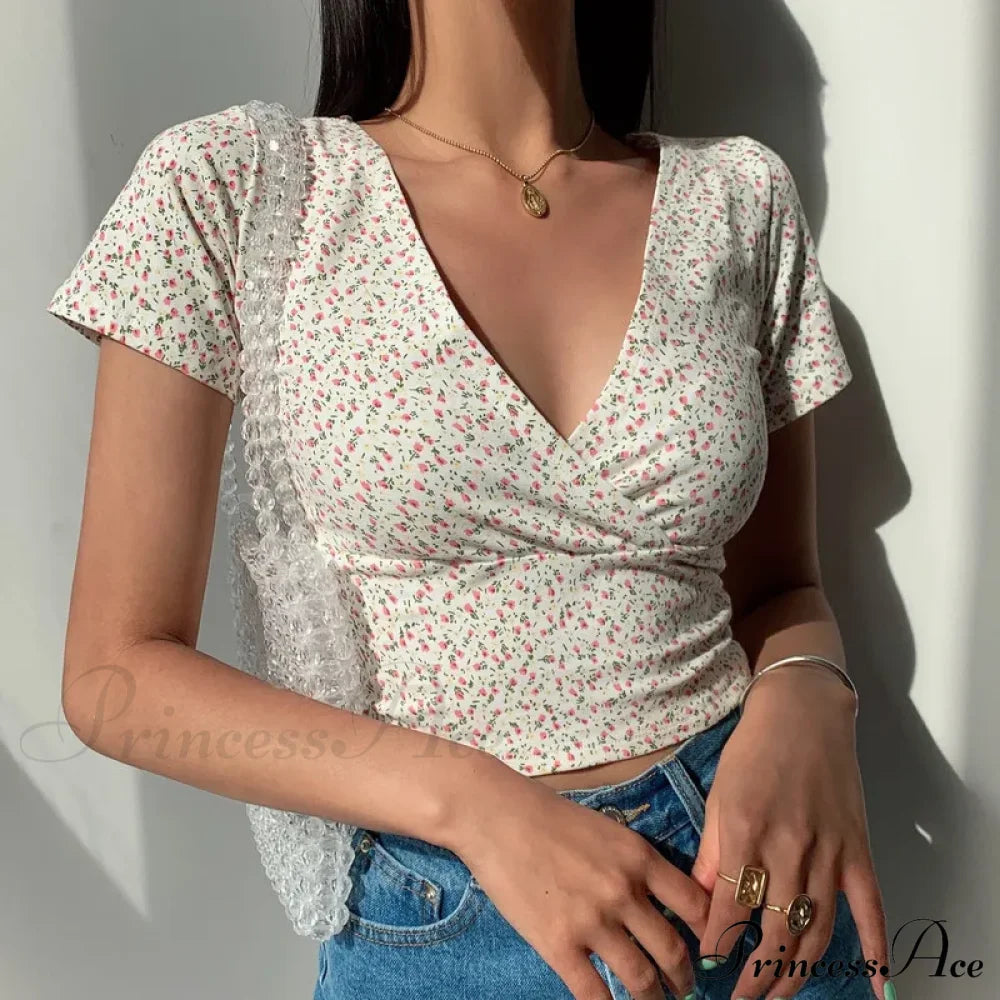 French Retro V-neck Slim T-shirt Crop Top