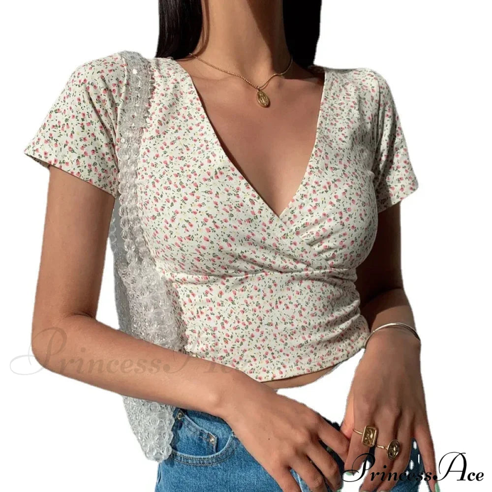 French Retro V-neck Slim T-shirt Crop Top