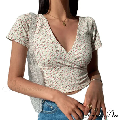 French Retro V-neck Slim T-shirt Crop Top