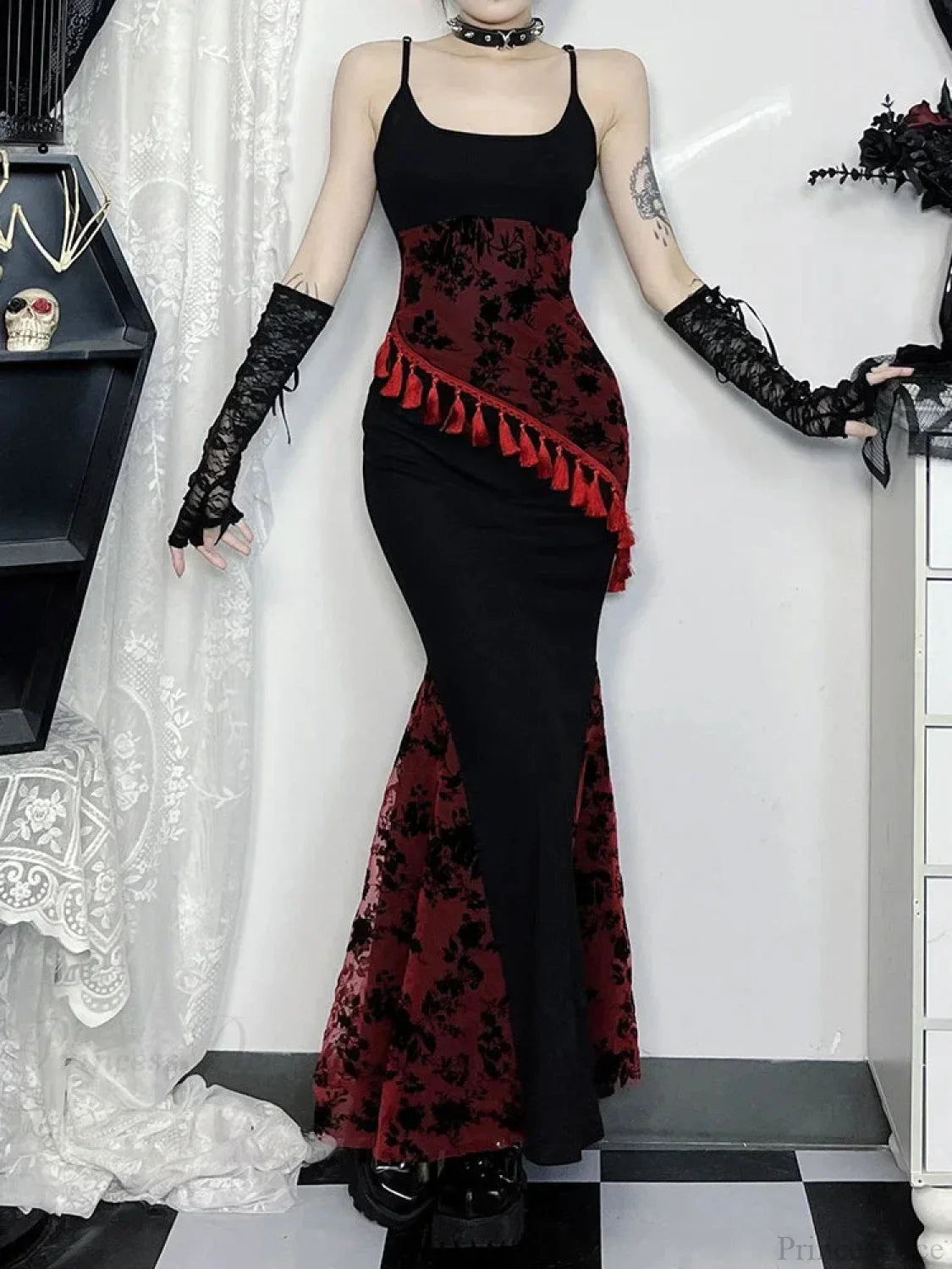 Fringe Spaghetti Strap Form-fitting Maxi Dress