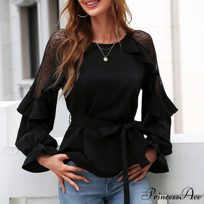 Front Lace Arm Flounce Cap Tie Blouse