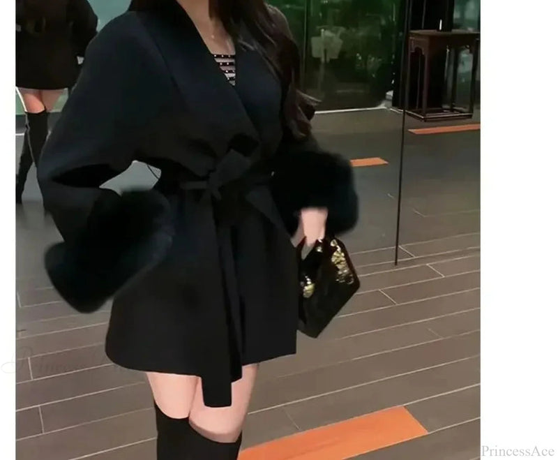 Furry Patchwork Long Sleeve Bandage Overcoat