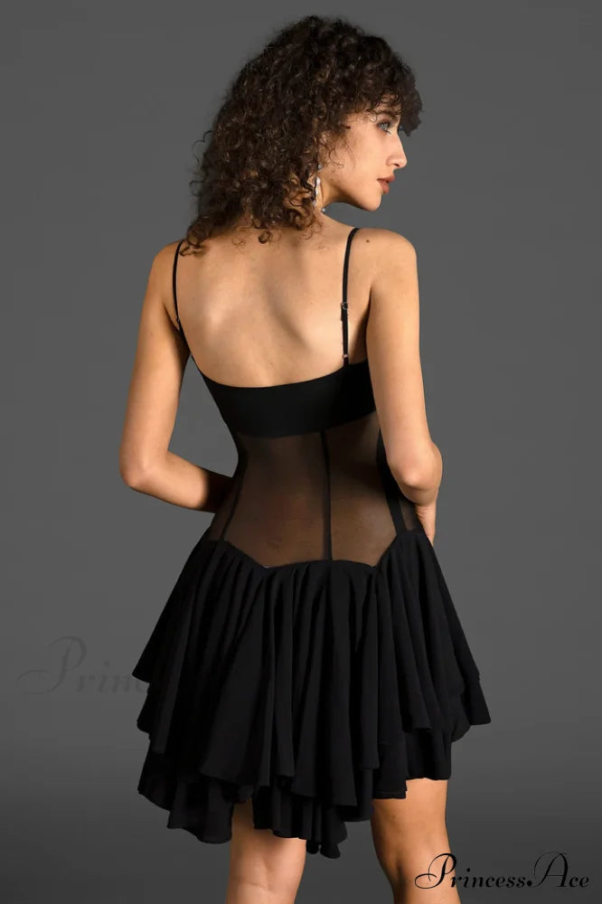 Ganili Spaghetti Sheer Charming Ruffle Mini Dress