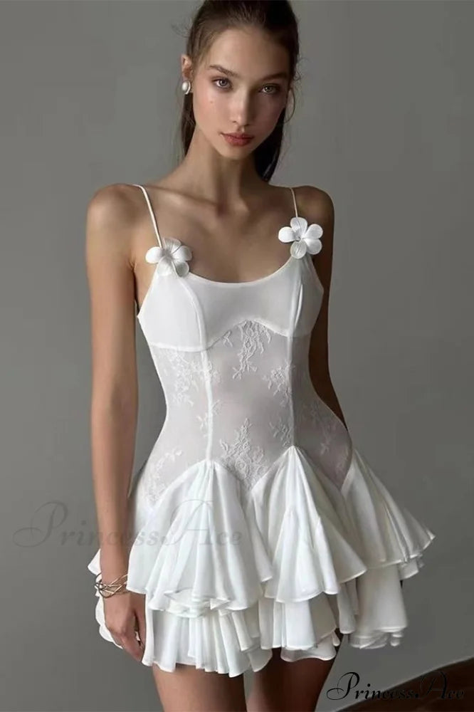 Ganili Spaghetti Sheer Charming Ruffle Mini Dress