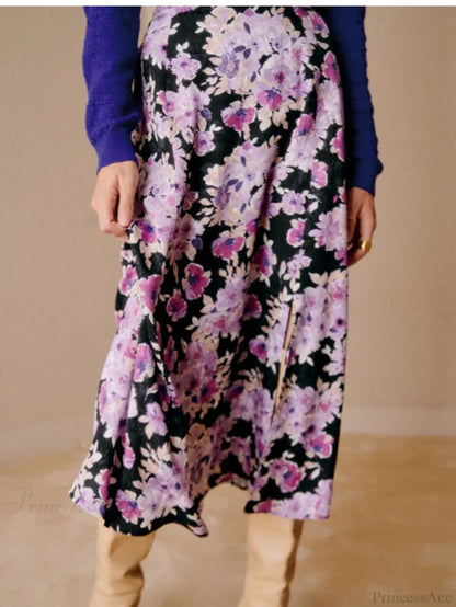 Gentle Purple Midi Skirt Winter Female Split Hem High Waist