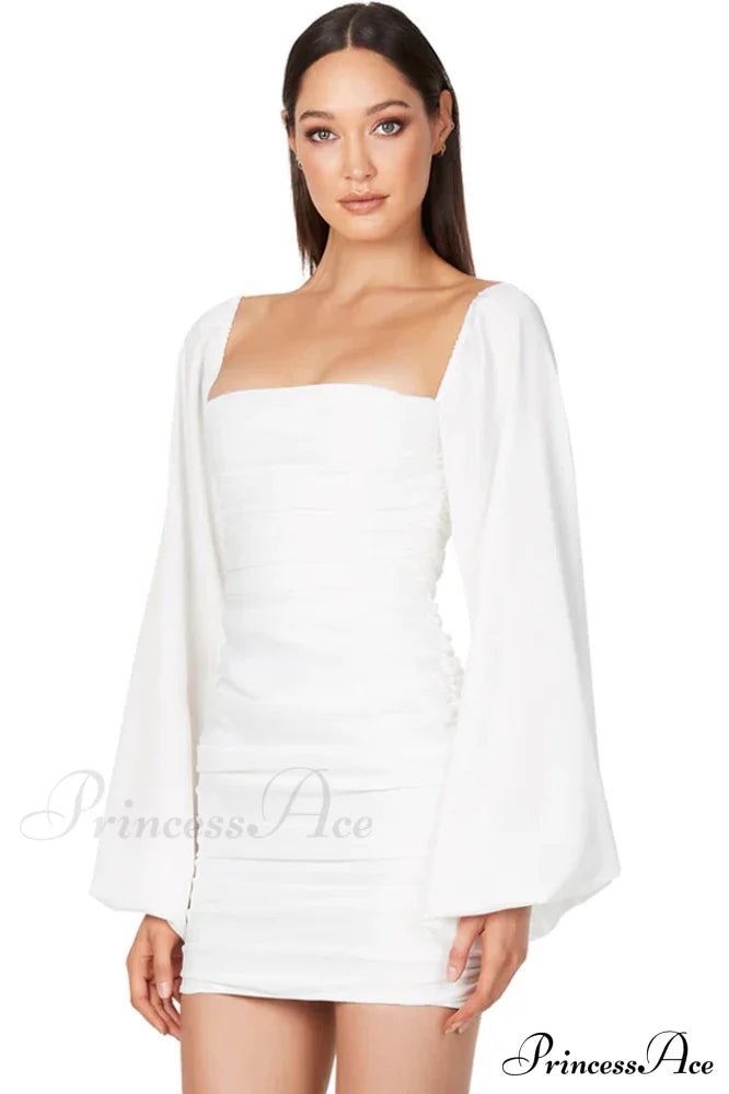 Glossy Satin Square Charming Neck Mini Dress