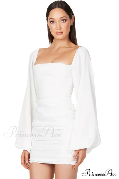 Glossy Satin Square Charming Neck Mini Dress