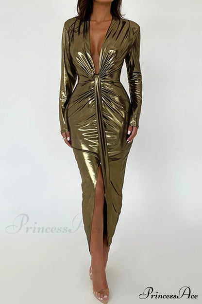 Glossy V Neck Ruched Slit Dress