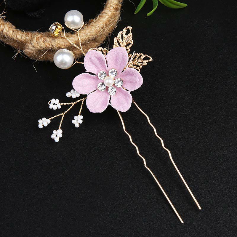 Golden Leaf Flower Pearl Chinese Hairpin Set - 4pcs Comb