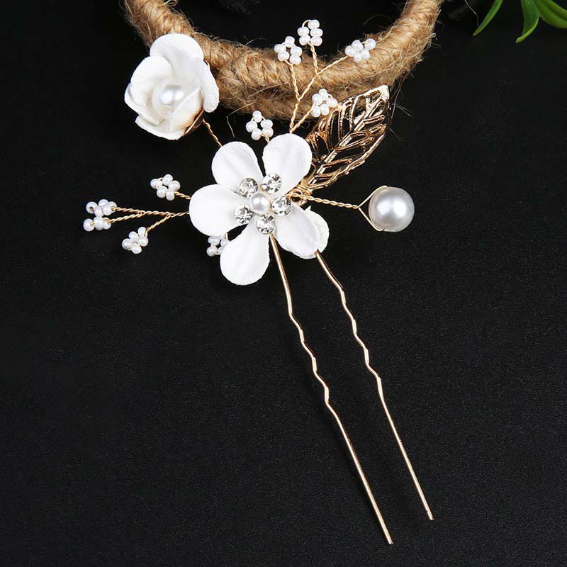 Golden Leaf Flower Pearl Chinese Hairpin Set - 4pcs Comb