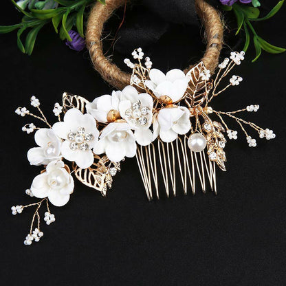 Golden Leaf Flower Pearl Chinese Hairpin Set - 4pcs Comb