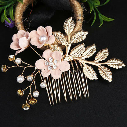 Golden Leaf Flower Pearl Chinese Hairpin Set - 4pcs Comb