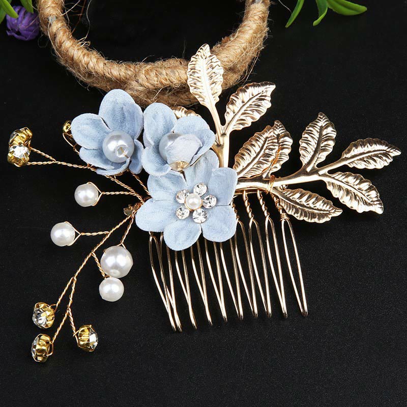 Golden Leaf Flower Pearl Chinese Hairpin Set - 4pcs Comb