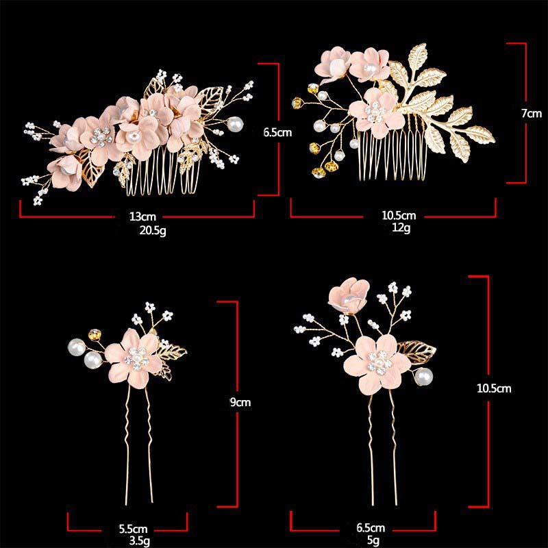 Golden Leaf Flower Pearl Chinese Hairpin Set - 4pcs Comb