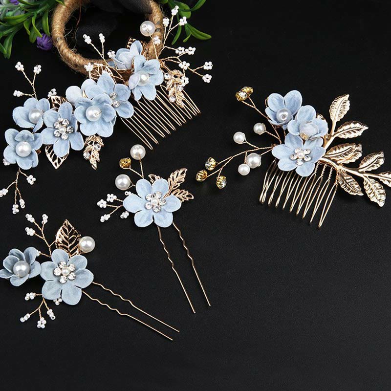 Golden Leaf Flower Pearl Chinese Hairpin Set - 4pcs Comb
