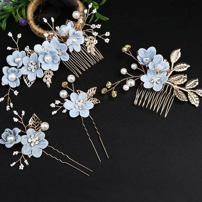 Golden Leaf Flower Pearl Chinese Hairpin Set - 4pcs Comb