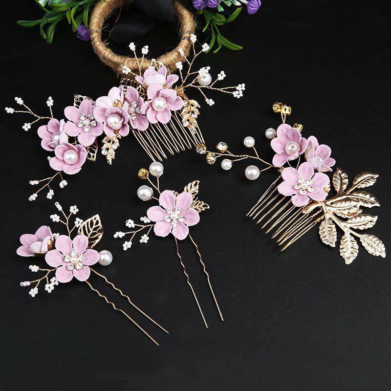 Golden Leaf Flower Pearl Chinese Hairpin Set - 4pcs Comb