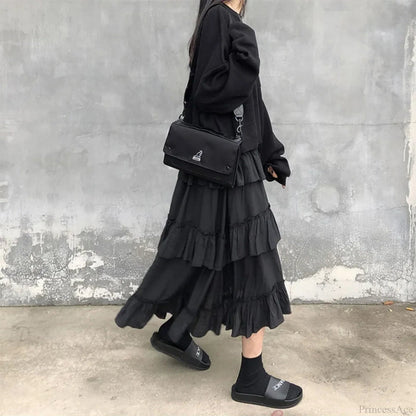 Gothic High Low Ruched Ruffle Skirt