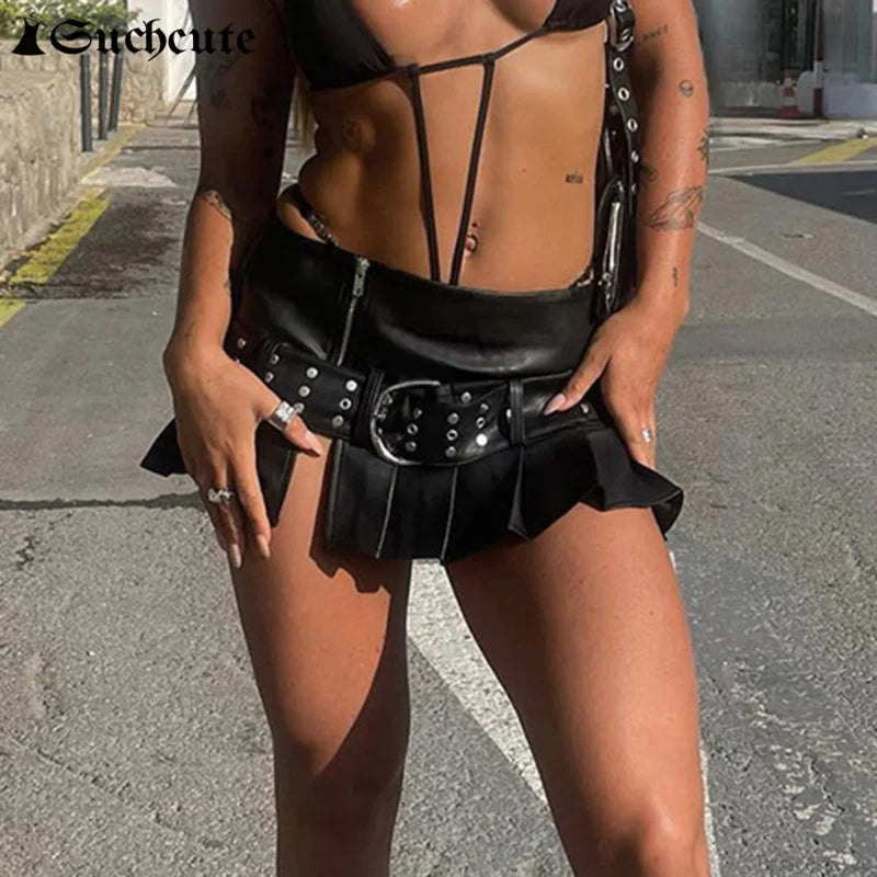 Gothic Rivet Pleated Leather Skirt