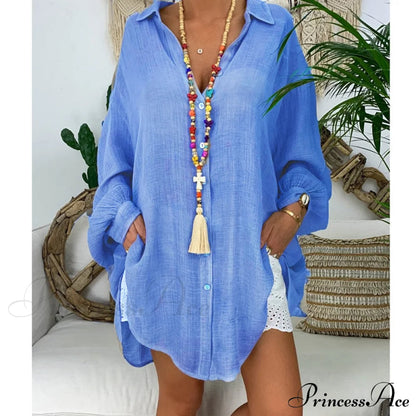 Gown Office Robe Linen Lapel Lady Long Vestidos Blouse Cotton Tunic Work Blouses Shirts Femme