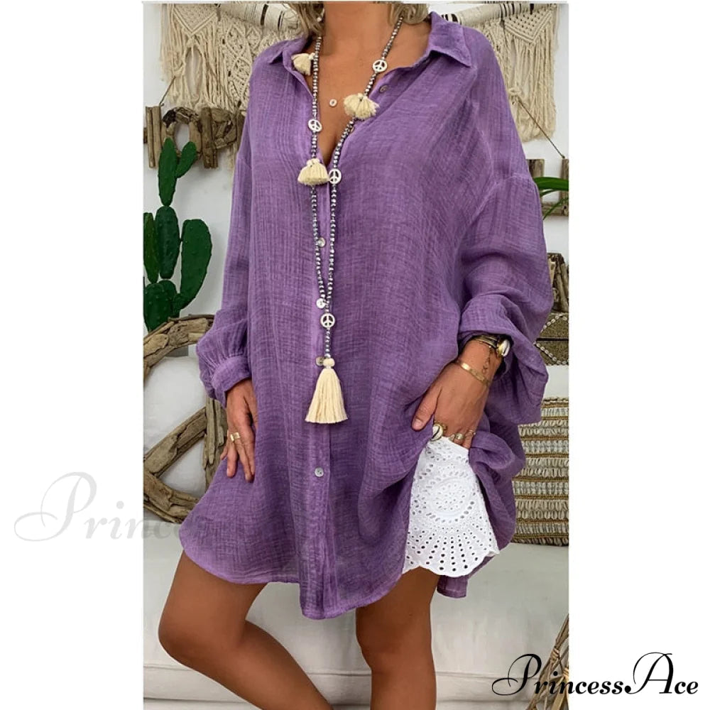 Gown Office Robe Linen Lapel Lady Long Vestidos Blouse Cotton Tunic Work Blouses Shirts Femme