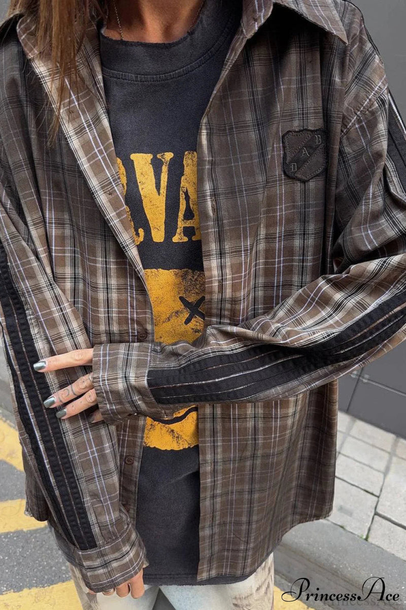 Gradient Plaid Patch Letter Loose Blouse