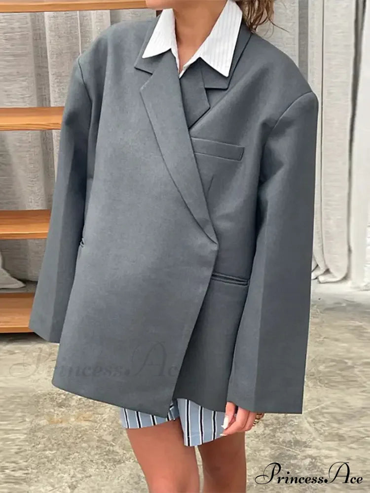 Gray Lapel Buttoned Loose Long Sleeves New Fashionable Stylish Coat