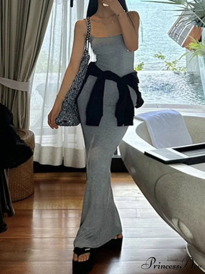 Gray Pointelle Graceful Knit Maxi Dress