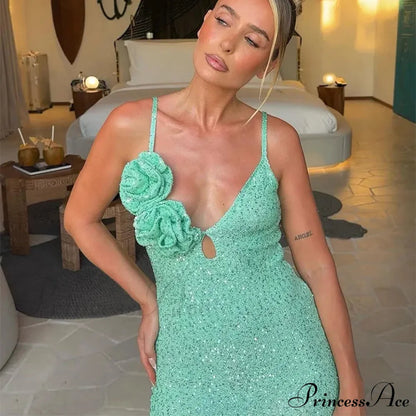 Green 3d Flower Charming Sequin Cami Maxi Dress