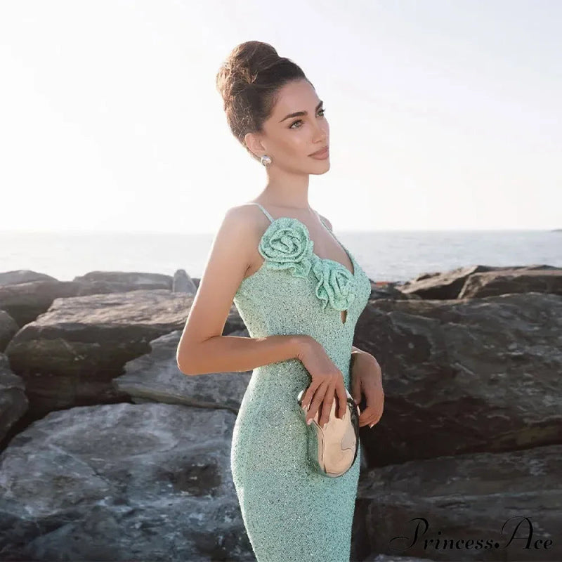 Green 3d Flower Charming Sequin Cami Maxi Dress