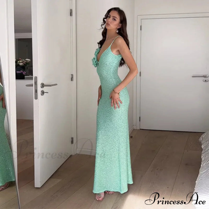 Green 3d Flower Charming Sequin Cami Maxi Dress