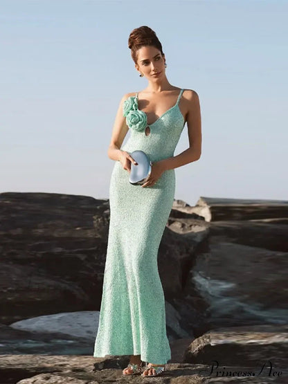 Green 3d Flower Charming Sequin Cami Maxi Dress