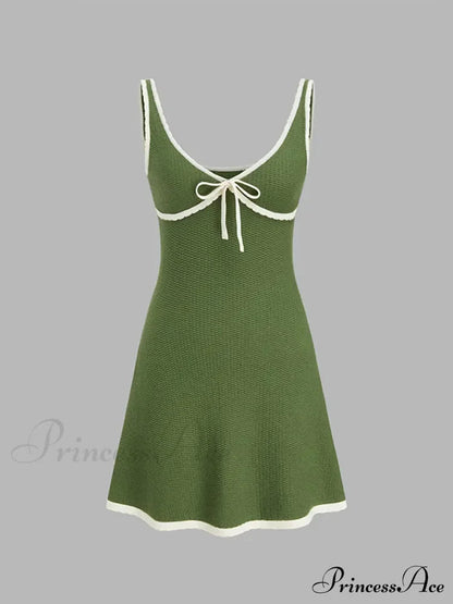 Green Contrast Seam Charming V-neck Knit Mini Dress