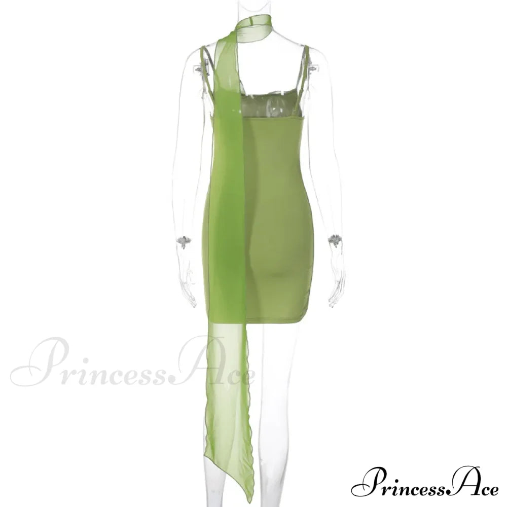 Green Mesh Printed Charming Draped Mini Dress
