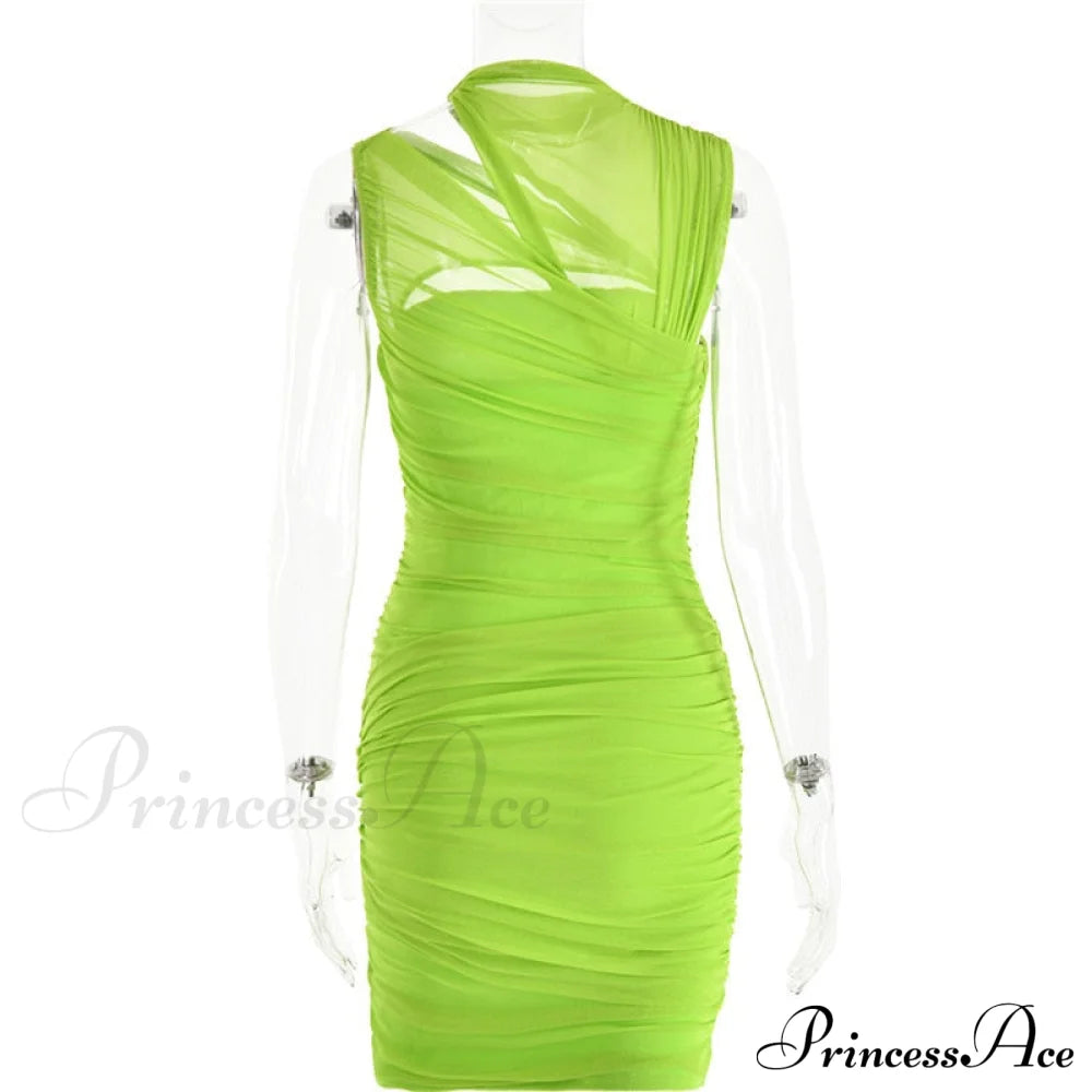 Green Mesh Ruched Neck Cut Out Design Bodycon Mini Dress
