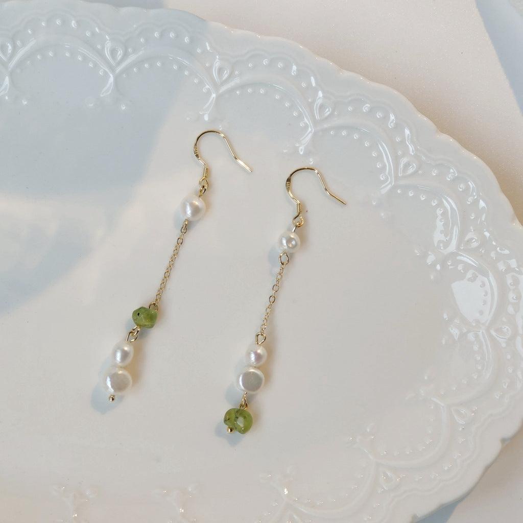 [] Green Quartz Pearl Earrings (2 Styles)