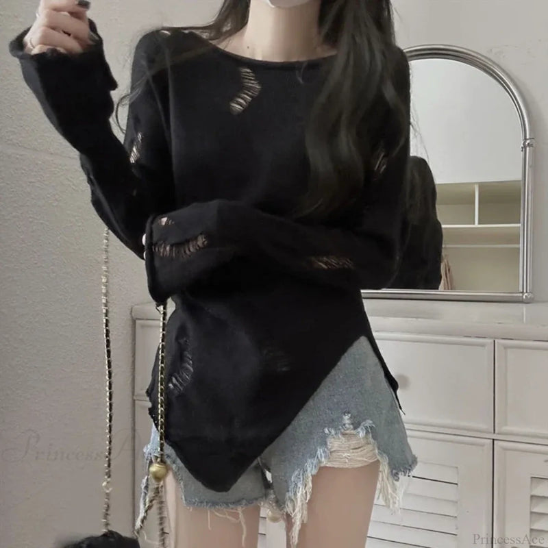 Grunge Hollow Out Knitted Sweater Slim Thin Pullover Knit Top