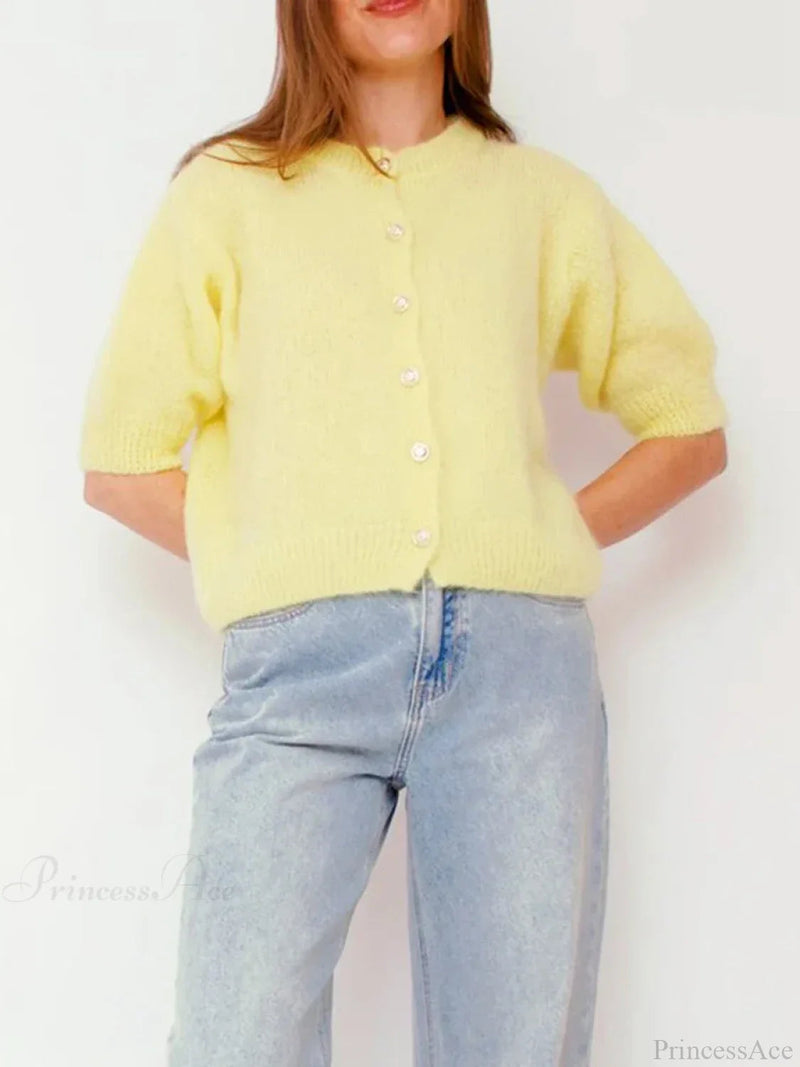Half Sleeve O Neck Button-up Knit Cardigan
