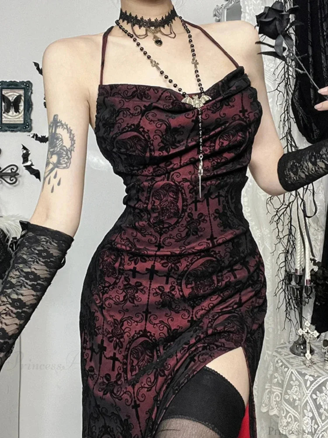 Halloween Cross Halter Flocking Maxi Dress