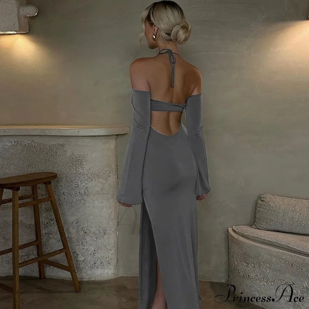 Halter Backless Es Sleeve Club Party Split Es Clothes Maxi Dress