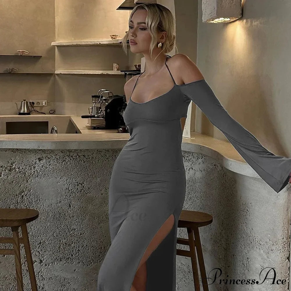 Halter Backless Es Sleeve Club Party Split Es Clothes Maxi Dress